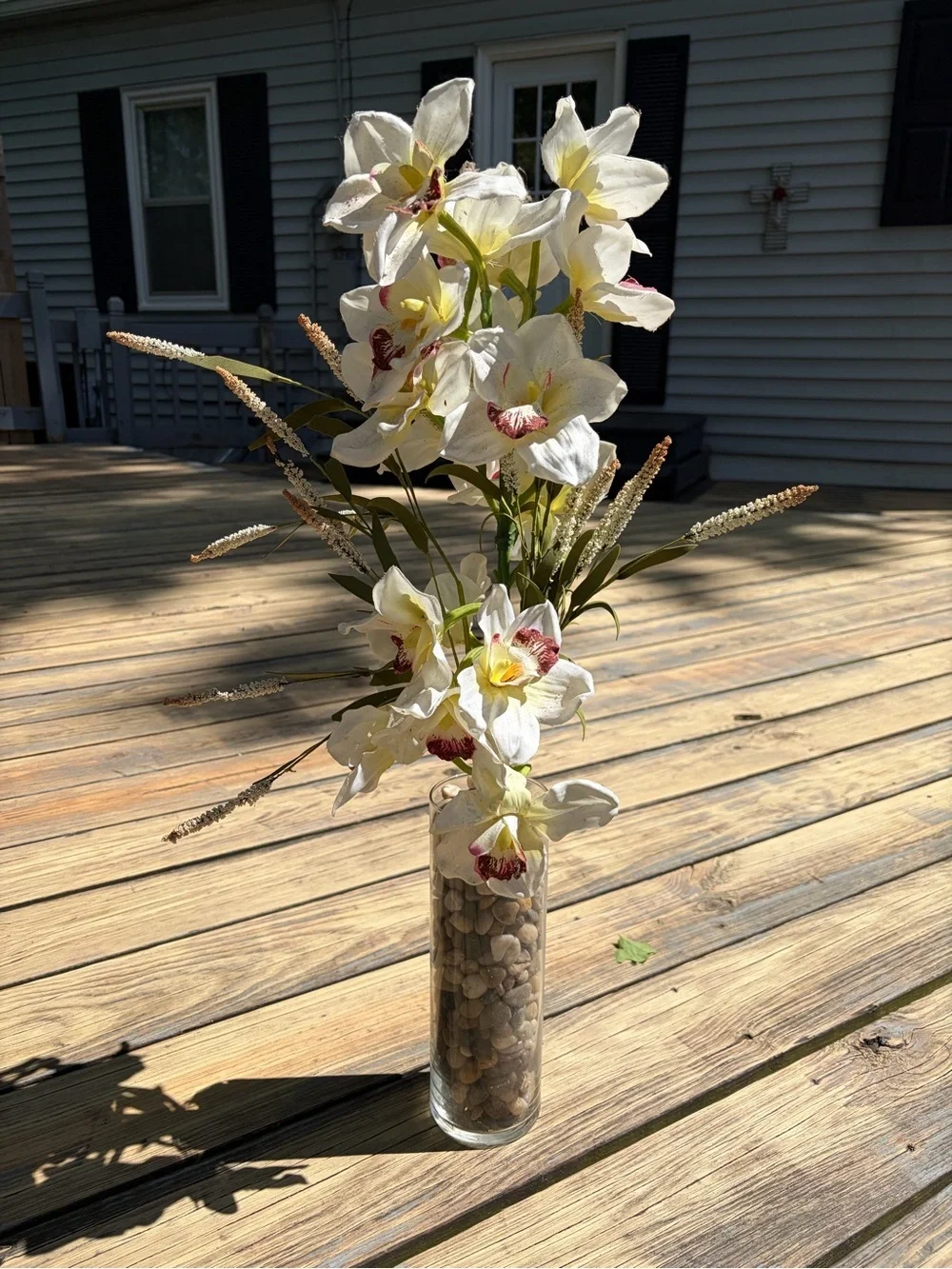 White Orchid Artificial Arrangement in Glass Vase with River Rocks
